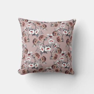 Hand-drawn flowers, pink watercolor pattern. throw pillow