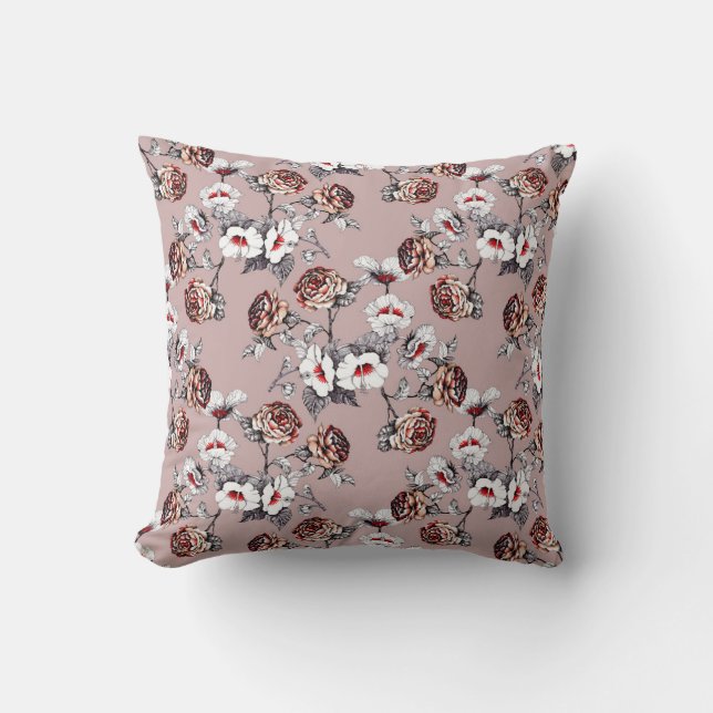 Hand-drawn flowers, pink watercolor pattern. throw pillow (Front)