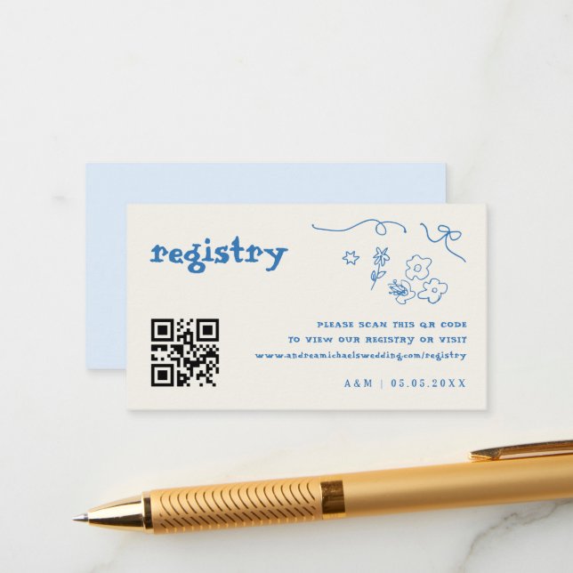 Hand Drawn Flowers Qr Code Wedding Gift Registry Enclosure Card (Front/Back In Situ)