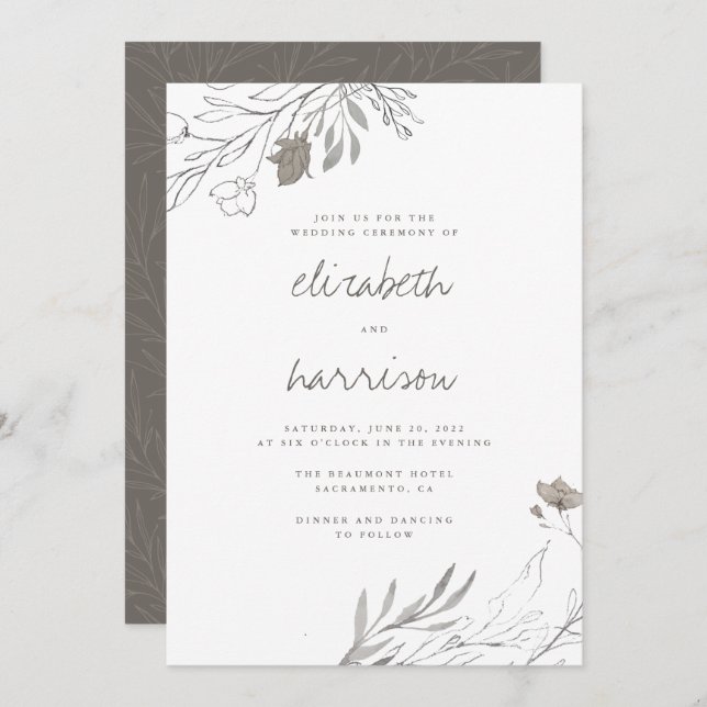 Hand Drawn Flowers Rustic Watercolor Wedding Invitation (Front/Back)