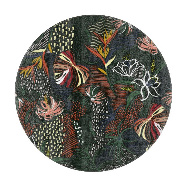 Hand-drawn flowers, tropical palm forest. cutting board (Front)