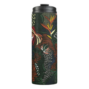 Hand-drawn flowers, tropical palm forest. thermal tumbler