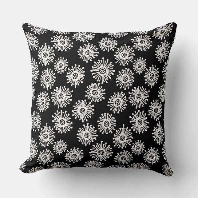 Hand Drawn Flowers - White on Black Throw Pillow (Front)