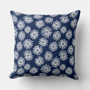 Hand Drawn Flowers - White on Dark Blue 001744 Throw Pillow