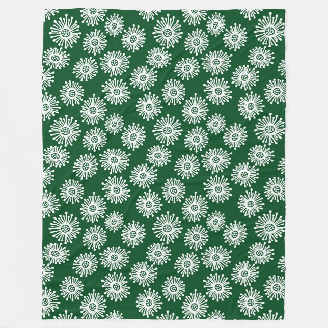 Hand Drawn Flowers - White on Dark Green 02481c Fleece Blanket (Front)