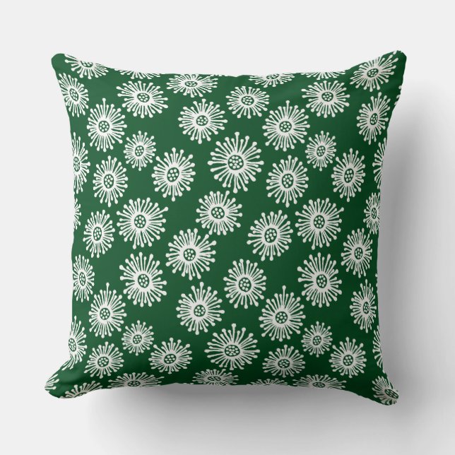 Hand Drawn Flowers - White on Dark Green 02481c Throw Pillow (Front)