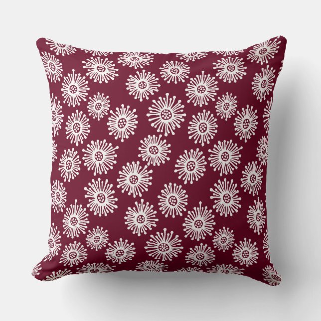 Hand Drawn Flowers - White on Deep Crimson 65001d Throw Pillow (Front)