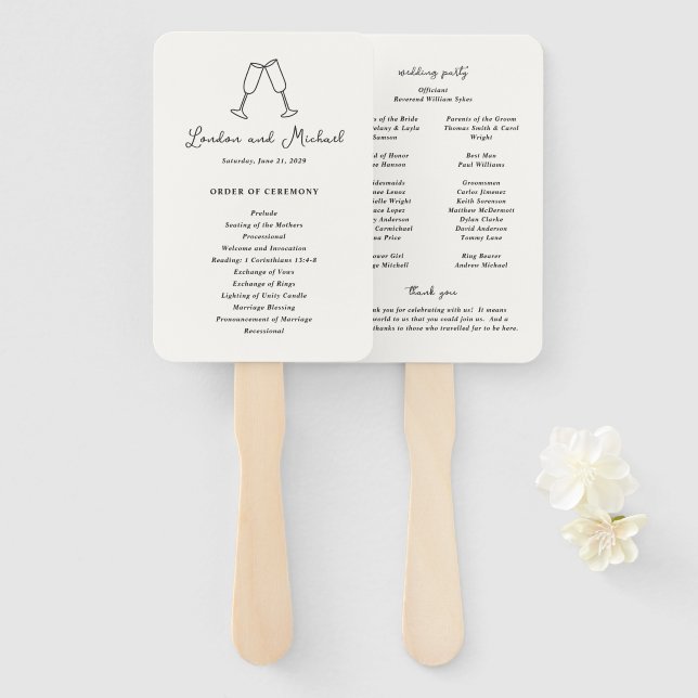 Hand Drawn Flutes Doodle Modern Wedding Program Fan (Front and Back)