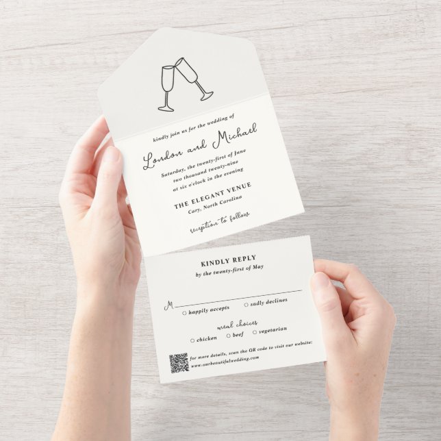 Hand Drawn Flutes Doodle QR Code Modern Wedding All In One Invitation (Tearaway)