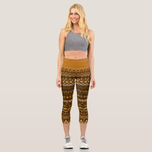Hand Drawn Folk Pattern in Brown Tones Capri Leggings