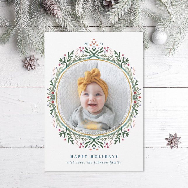 Hand-Drawn Folk Wildflower Wreath Christmas Photo Holiday Card (Creator Uploaded)