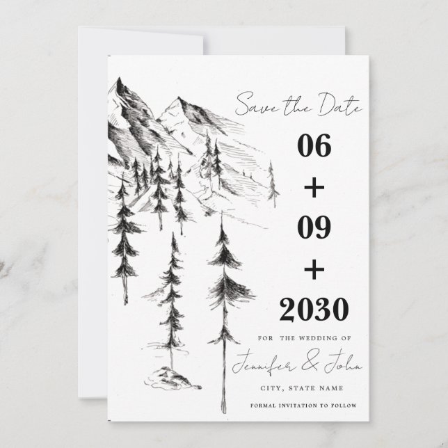 Hand-drawn Forest & Mountain Destination Wedding  Save The Date (Front)