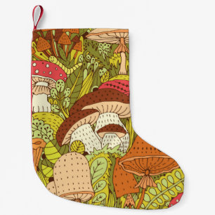 Hand drawn forest pattern with different types of small christmas stocking