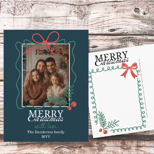 Hand-drawn frame modern teal blue Merry Christmas  Holiday Postcard