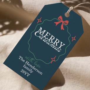 Hand-drawn frame ribbon teal blue Merry Christmas Gift Tags