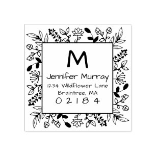 Hand Drawn Framed Floral Return Address Monogram Rubber Stamp