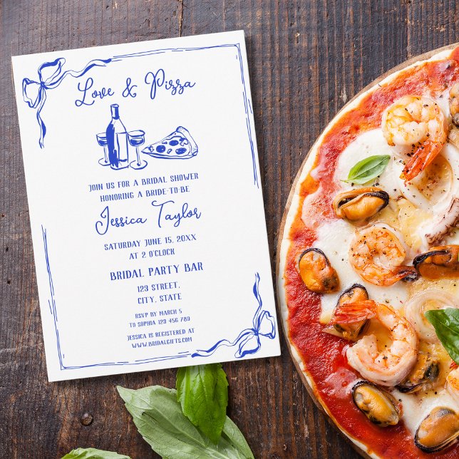 Hand Drawn French Blue Bridal Brunch Love & Pizza Invitation (love and pizza hand drawn blue)