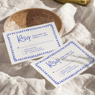 Hand Drawn French Blue Colourful Wedding  RSVP Card