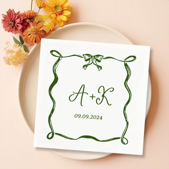 Hand Drawn French Green Wedding Monogram Napkin (Creator Uploaded)