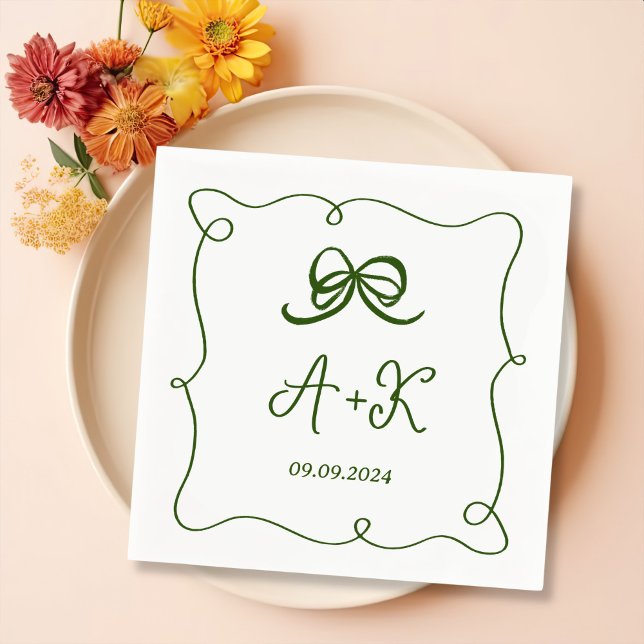 Hand Drawn French Green Wedding Monogram Napkin (Creator Uploaded)