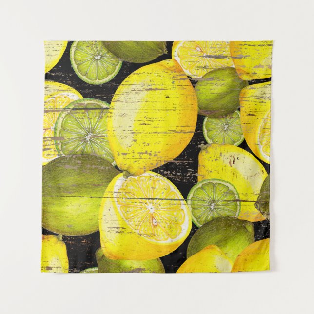 Hand drawn fresh lemon pattern on wood texture tapestry (Front)
