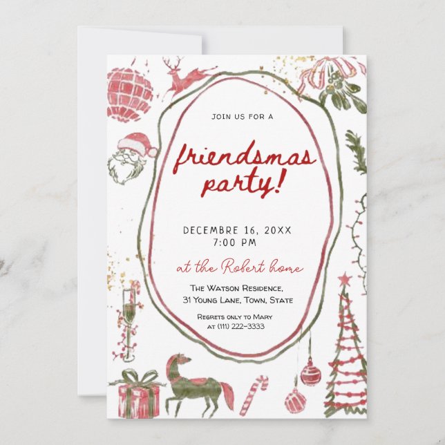 Hand drawn Friendsmas Whimsical Doodle Christmas  Invitation (Front)
