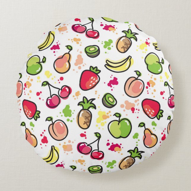 hand drawn fruits pattern round pillow (Front)