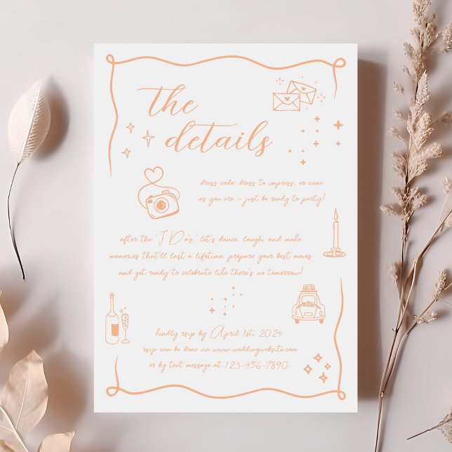 Hand drawn Fun Doodle Peach Wedding Details Card (Creator Uploaded)