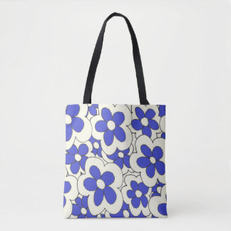 Hand drawn fun flower print blue white tote bag
