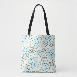 Hand drawn fun flower print blue white tote bag