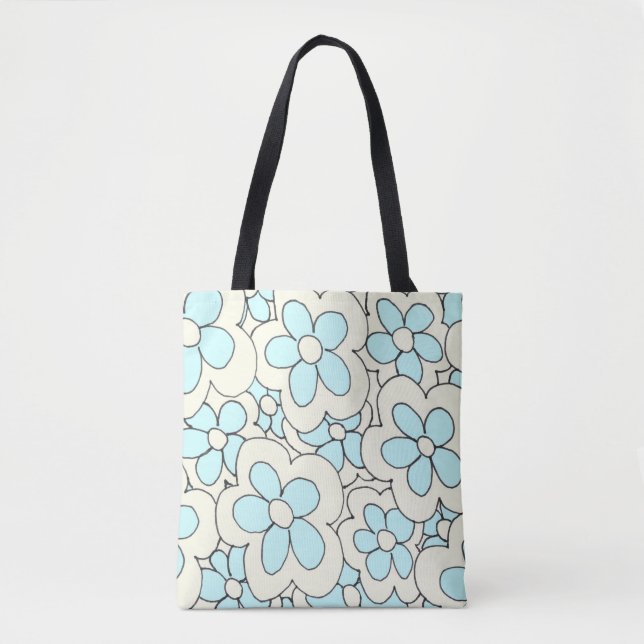 Hand drawn fun flower print blue white tote bag (Front)