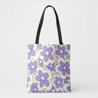 Hand drawn fun flower print purple white tote bag