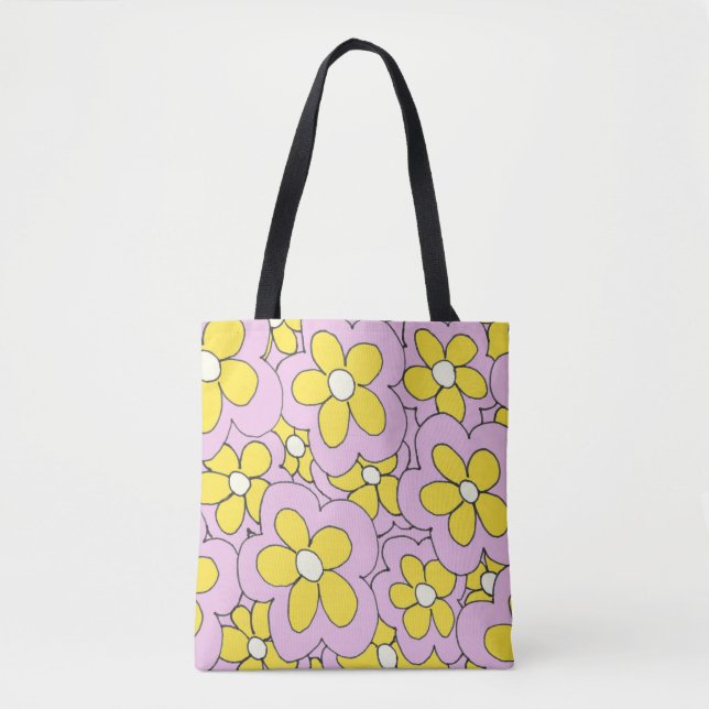 Hand drawn fun flower print yellow pink tote bag (Front)