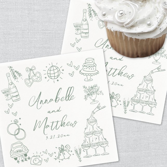 Hand Drawn Fun Green Whimsical Wedding Napkin (Hand Drawn Fun Green Whimsical Wedding Napkins)
