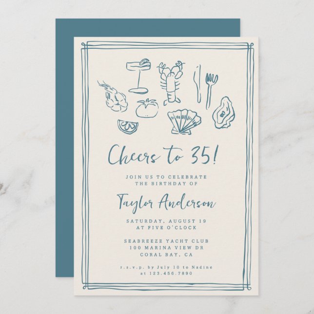 Hand Drawn Funky Nautical Beach 35th Birthday Invitation (Front/Back)