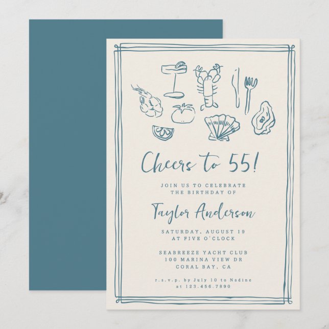 Hand Drawn Funky Nautical Beach 55th Birthday Invitation (Front/Back)