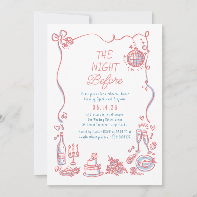 Hand Drawn Funky Whimsical Pink Rehearsal Dinner Invitation (Front)