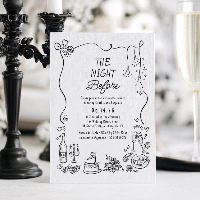 Hand Drawn Funky Whimsical Rehearsal Dinner Invitation (The Night Before Whimsical Funky Hand-drawn Rehearsal Dinner Invitation)
