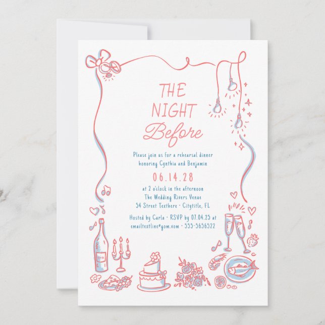 Hand Drawn Funky Whimsical Rehearsal Dinner Invitation (Front)