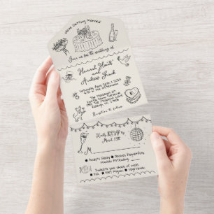Hand Drawn funky whimsical wedding All In One All In One Invitation
