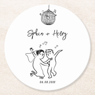 Hand drawn funky Whimsical  Wedding  Round Paper Coaster
