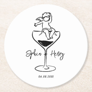 Hand drawn funky Whimsical  Wedding  Round Paper Coaster