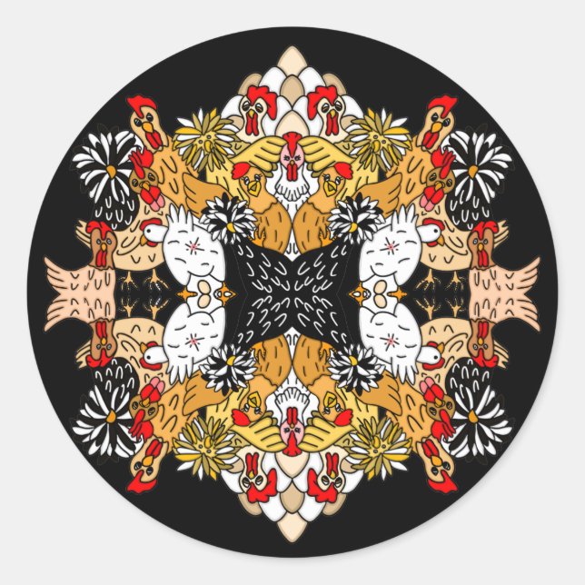 Hand drawn Funny Cartoon Chickens Classic Round Sticker (Front)