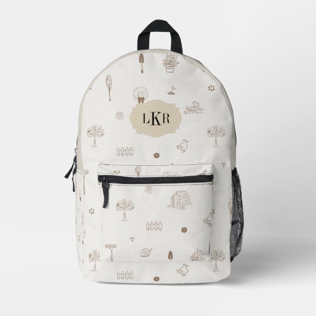 Hand-drawn Garden Motif 3-Letter Monogram Printed Backpack (Front)