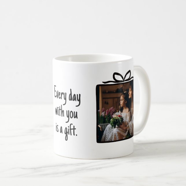 Hand Drawn Gift Box Bow Black White Two Photos Coffee Mug (Front Right)