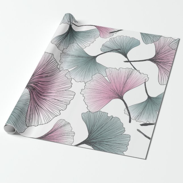 Hand drawn gingko biloba background seamless patte wrapping paper (Unrolled)