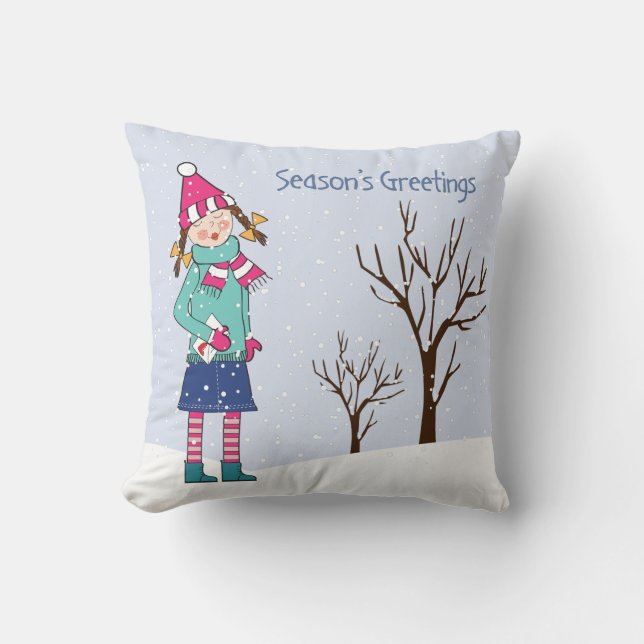 Hand Drawn Girl in a Winter Scene Throw Pillow (Front)