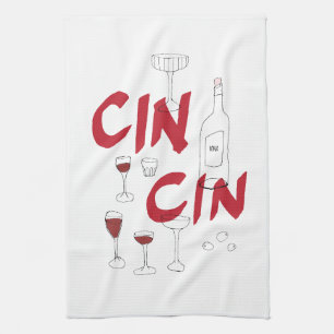 Hand-drawn glasses and bottle cin cin text kitchen towel
