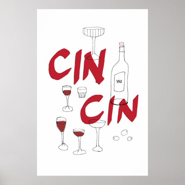 Hand-drawn glasses and bottle cin cin text poster (Front)