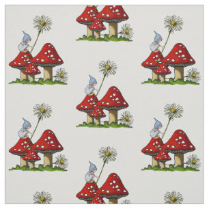Hand Drawn Gnome Girl on Toadstools, Fantasy Art Fabric